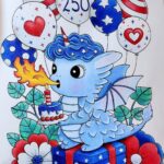 Blue baby dragon with a unicorn horn celebrating with red white and blue decorations