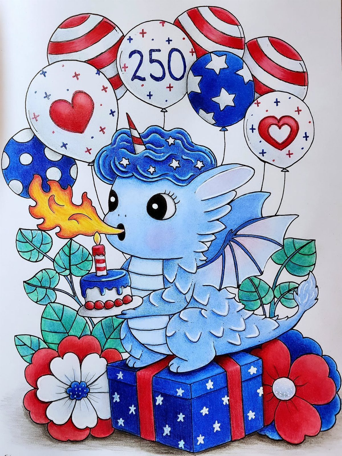 Blue baby dragon with a unicorn horn celebrating with red white and blue decorations