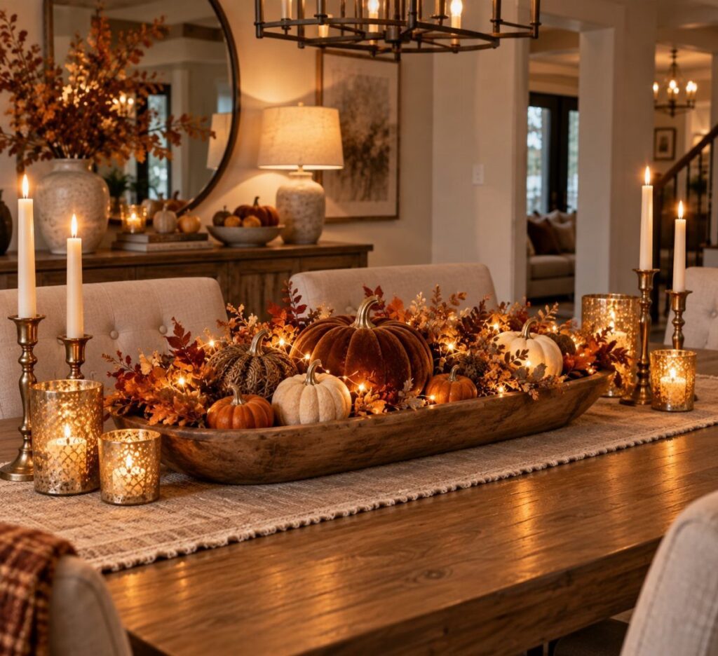 Autumnal dining table setting with pumpkins, gourds, and glowing candles in a wooden bowl.
