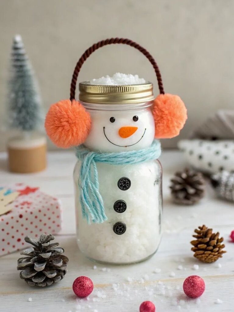 Mason jar snowman filled with white snow, wearing a blue scarf and orange earmuffs.