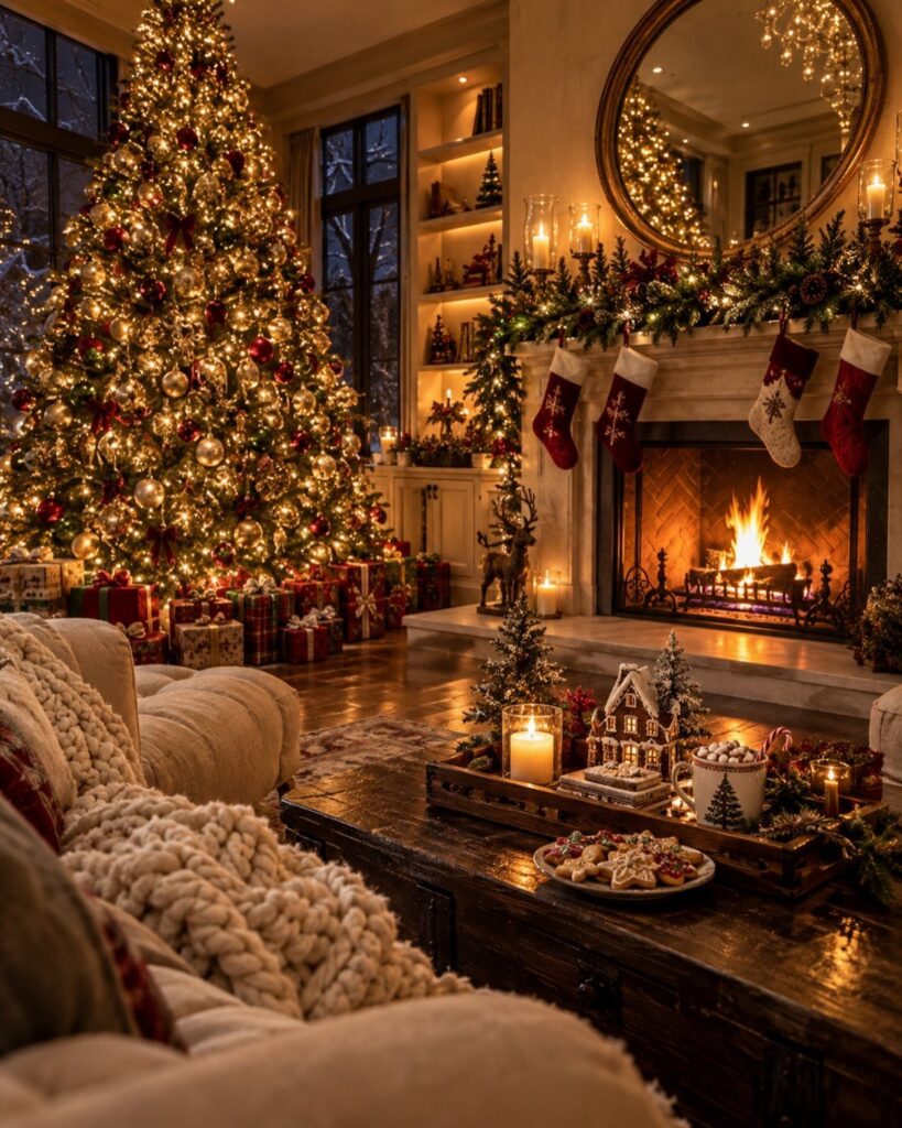 Christmas decorated living room with a glowing tree, lit fireplace, and festive coffee table.