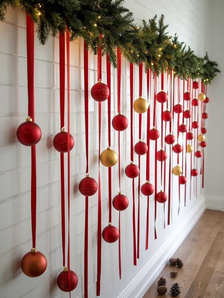 Red and gold ornaments hanging from red ribbons under a lit pine garland.