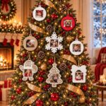 Christmas tree decorated with personalized photo ornaments featuring family and pets.