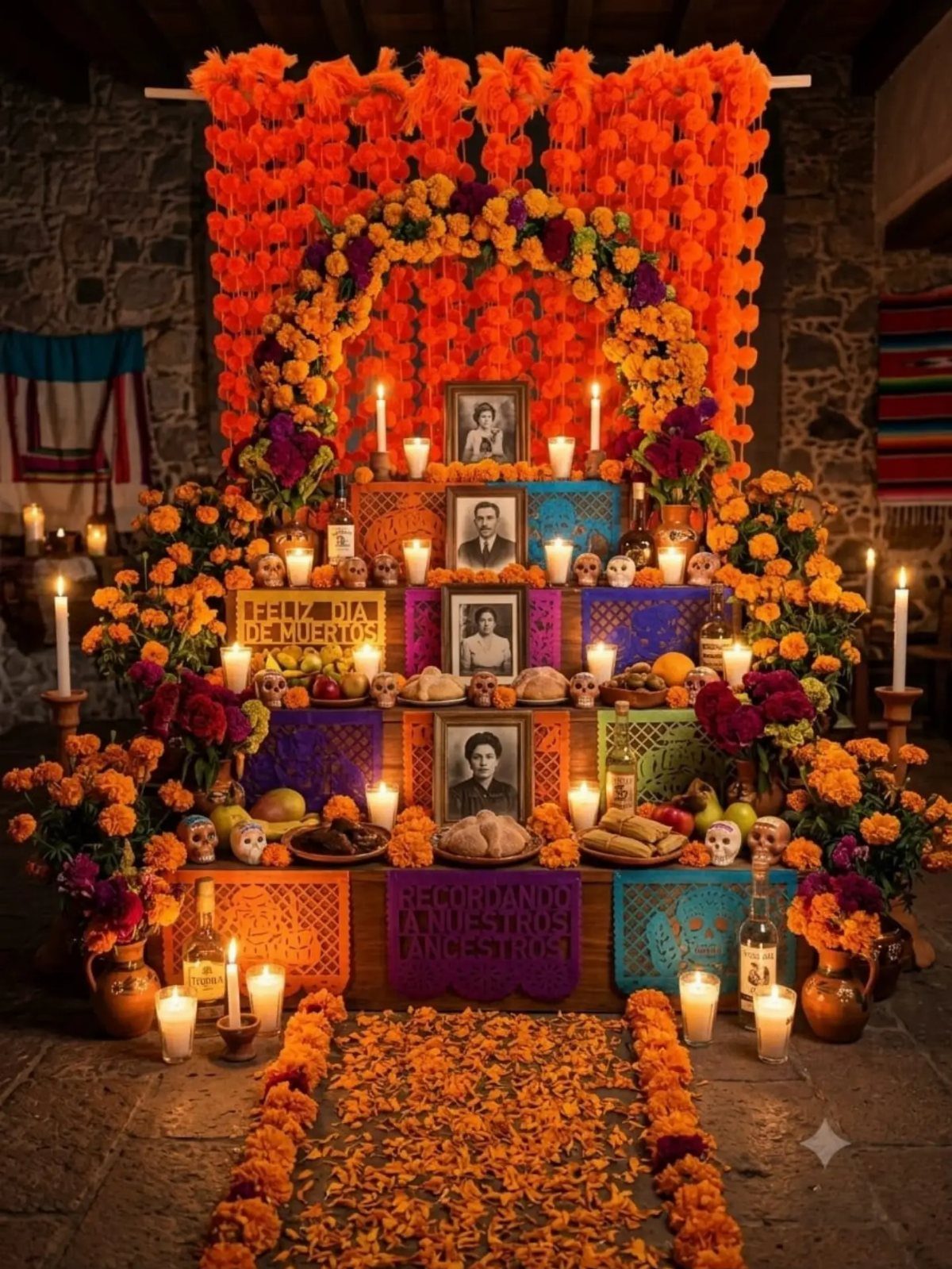 Day of the Dead altar with orange marigolds, candles, and framed photographs.