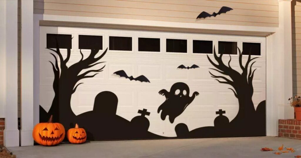 White garage door with black Halloween silhouettes of a ghost, trees, and tombstones.