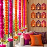 Living room with marigold garlands, lit wall niches, and colorful cushions for Diwali.