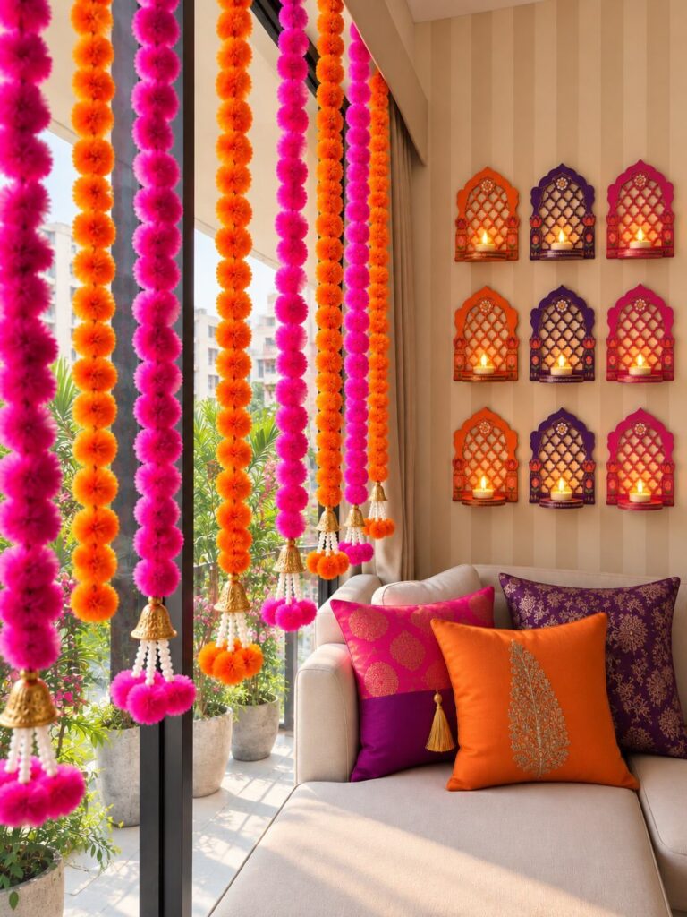 Living room with marigold garlands, lit wall niches, and colorful cushions for Diwali.