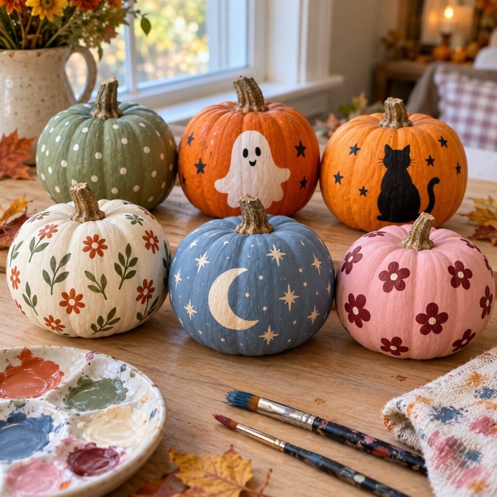 Six small painted pumpkins with whimsical designs on a wooden table with art supplies.