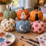 Six small painted pumpkins with whimsical designs on a wooden table with art supplies.