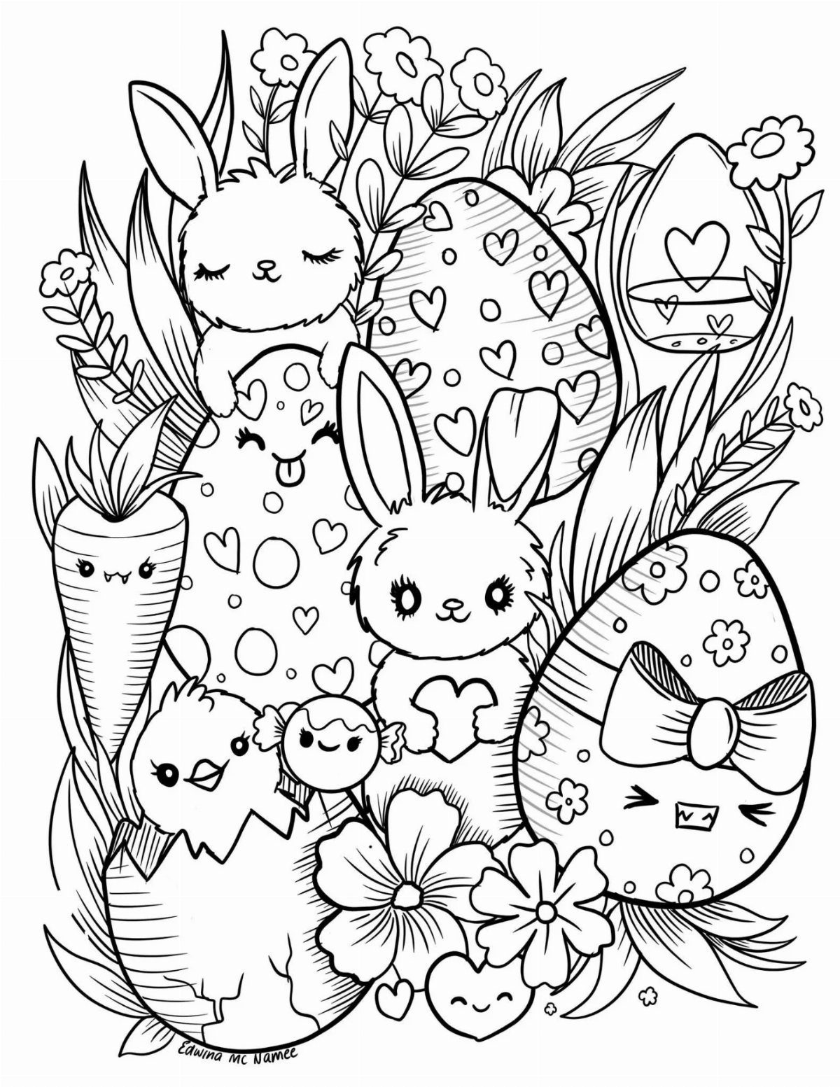 Easter coloring page with cute bunnies, decorated eggs, a chick, and spring flowers.
