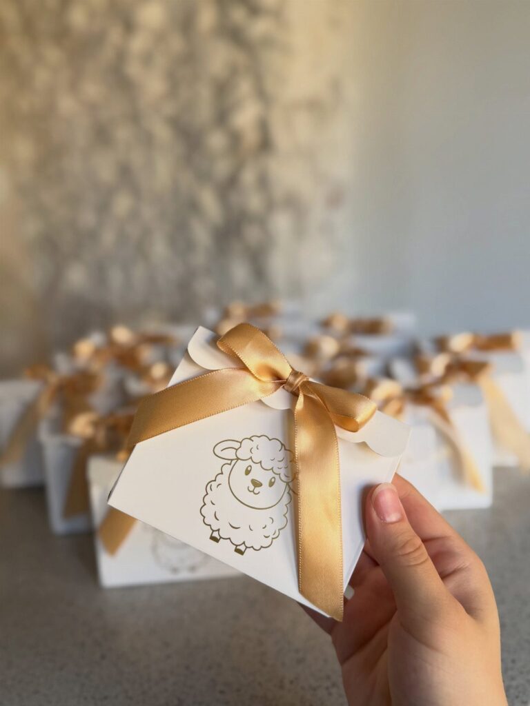 White gift boxes with gold ribbons and sheep illustrations for Eid ul Adha.