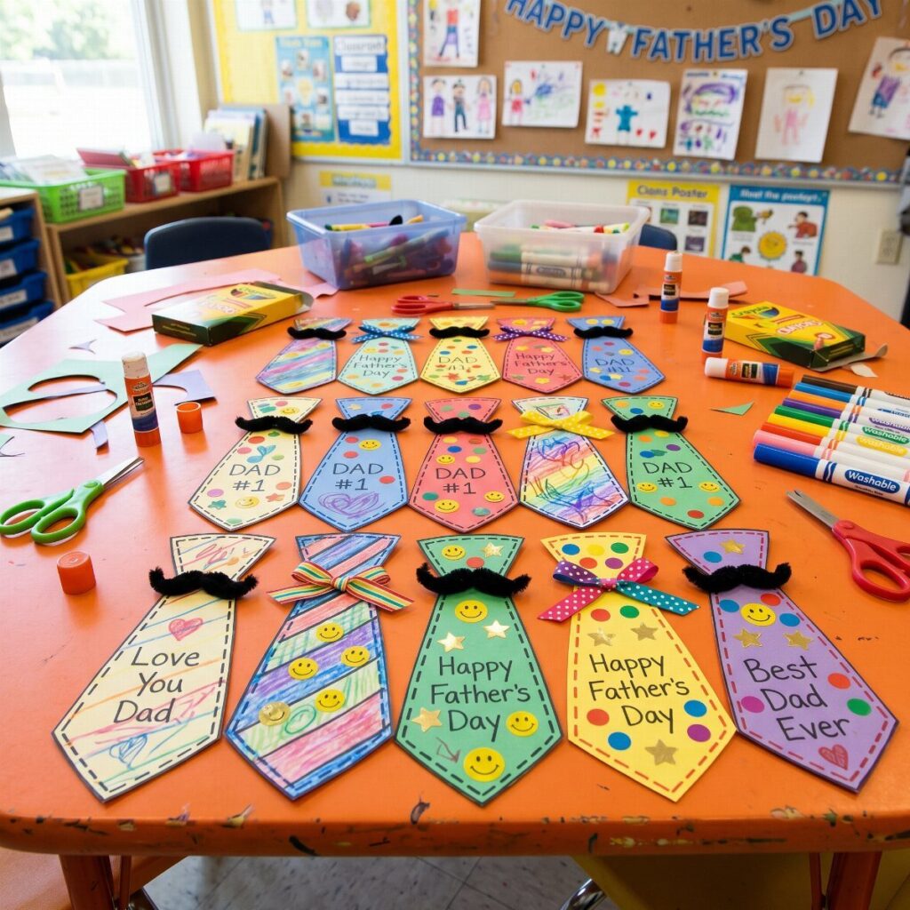 Handmade colorful paper ties with mustaches and Father's Day messages on a classroom table