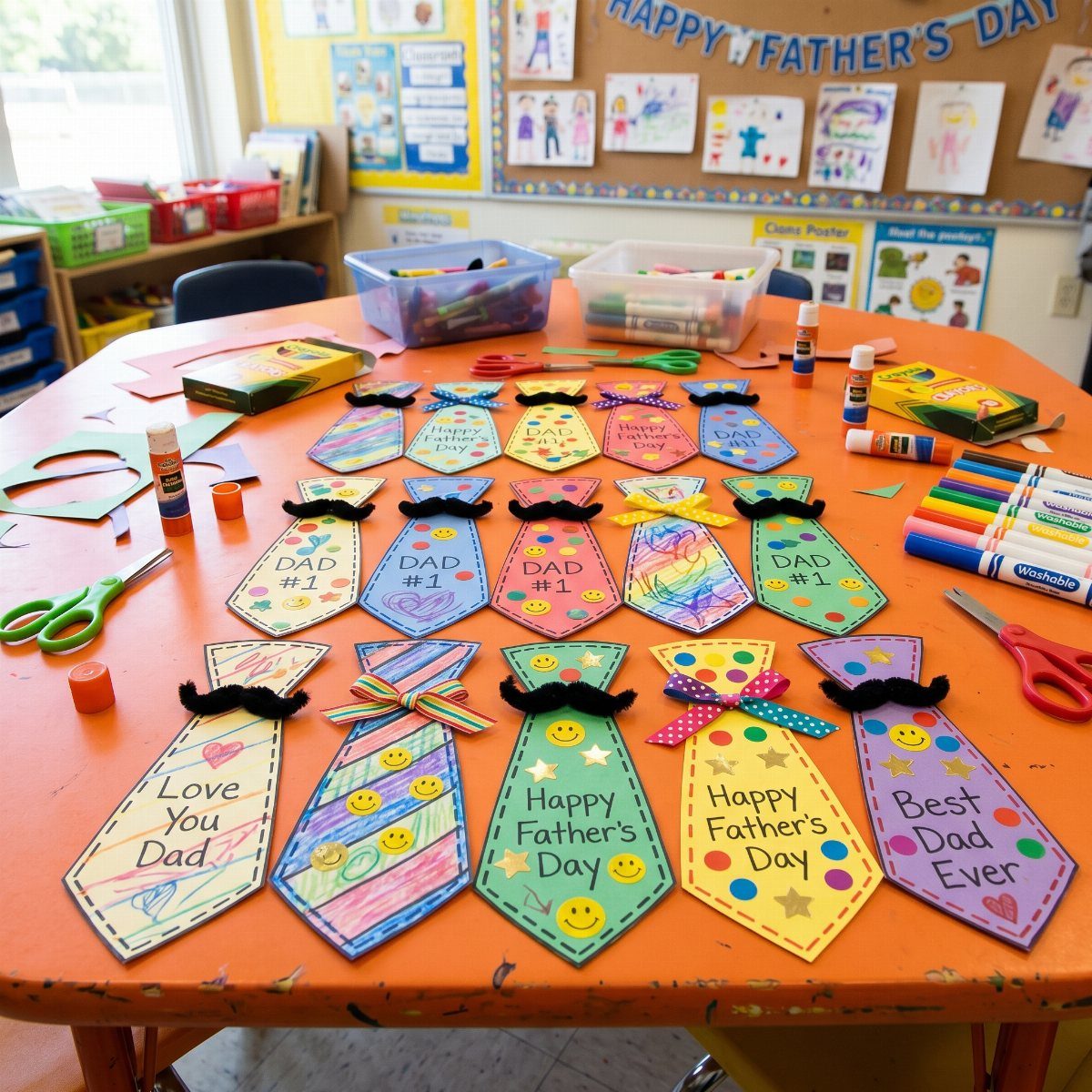 Handmade colorful paper ties with mustaches and Father's Day messages on a classroom table