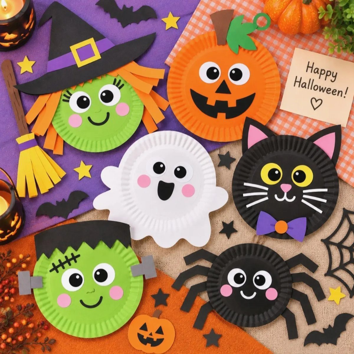 Paper plate Halloween crafts featuring a witch, ghost, pumpkin, cat, monster, and spider.