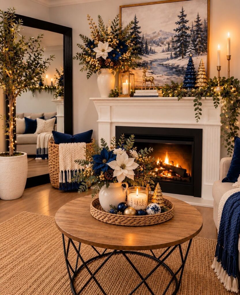 Living room with blue and white winter decor, fireplace, and snowy forest painting