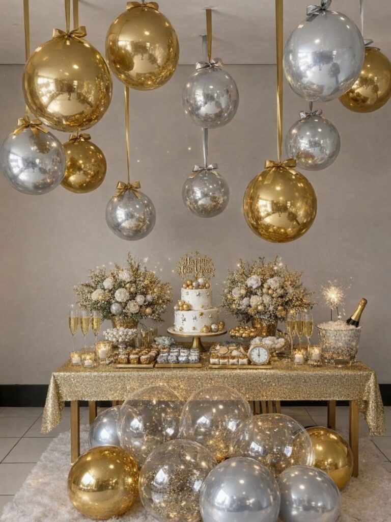 Festive party table with gold sequins, white cake, and floating metallic balloons.