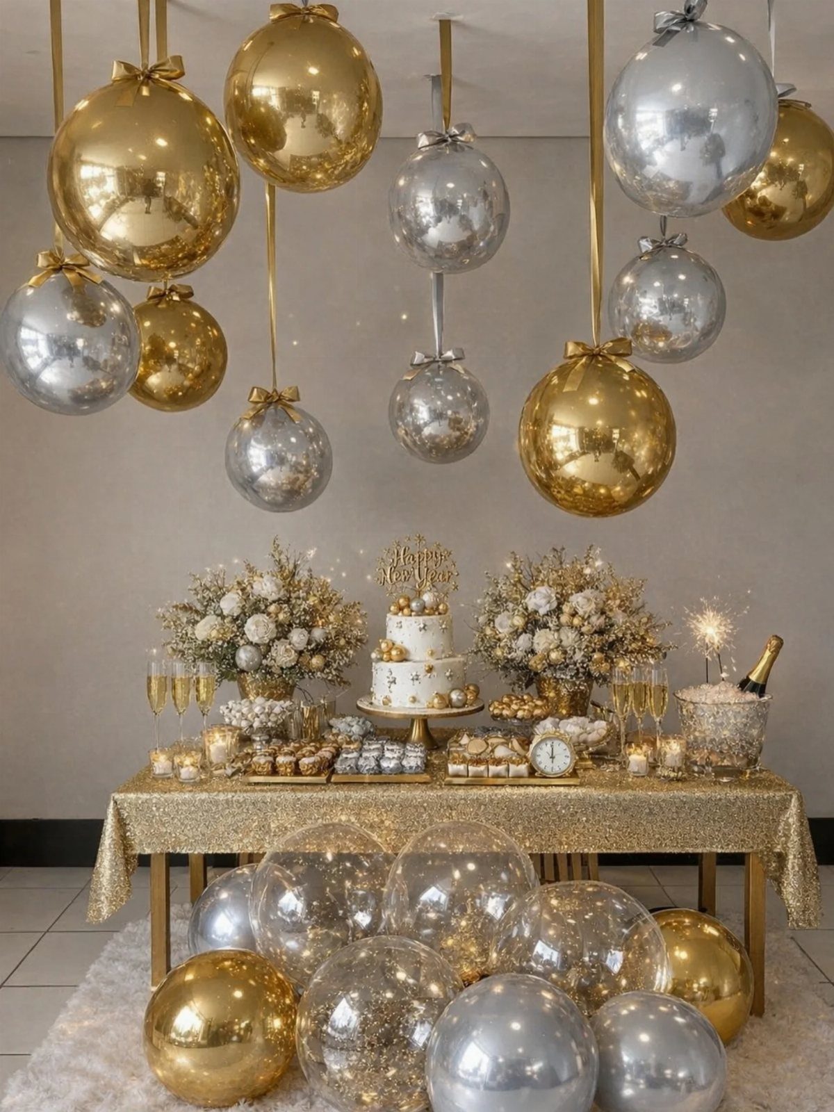 Festive party table with gold sequins, white cake, and floating metallic balloons.