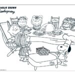 Charlie Brown and friends gathered around a Thanksgiving dinner table coloring page.