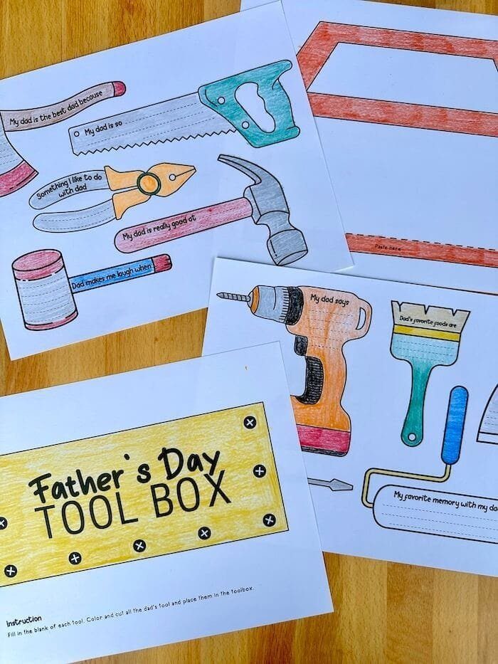Printable Father's Day tool box craft pages with colored tool illustrations and prompts.