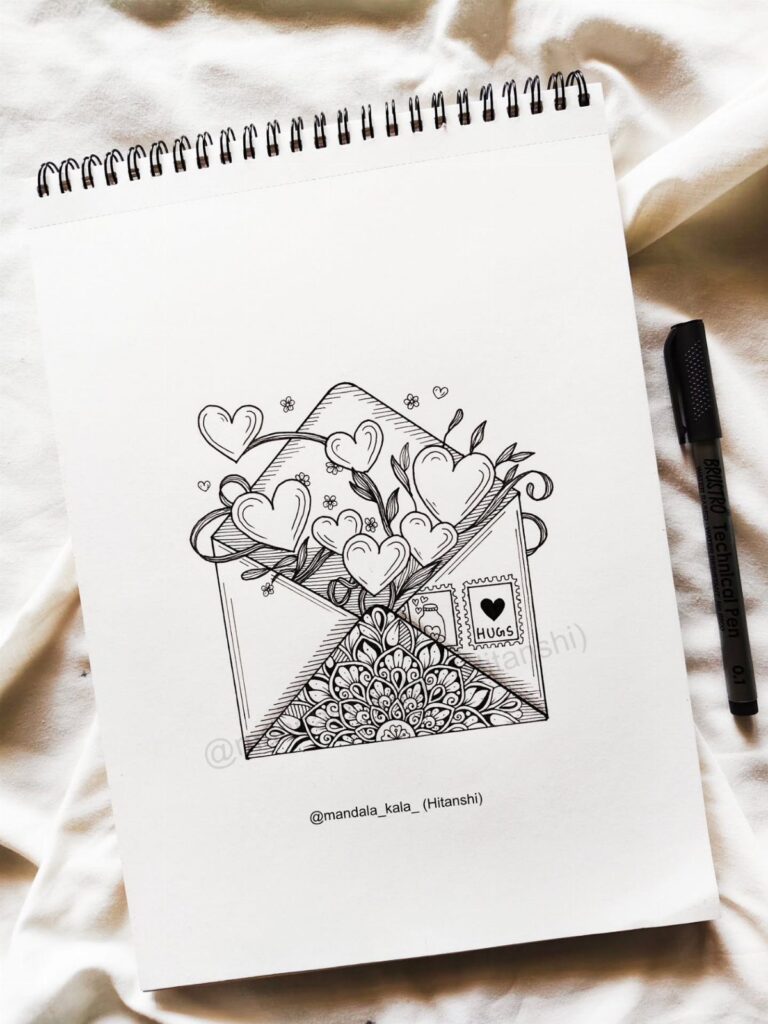 Line drawing of an envelope with hearts and mandala patterns in a sketchbook.