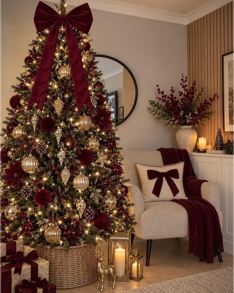 Christmas tree decorated with red and gold ornaments and a large red bow.