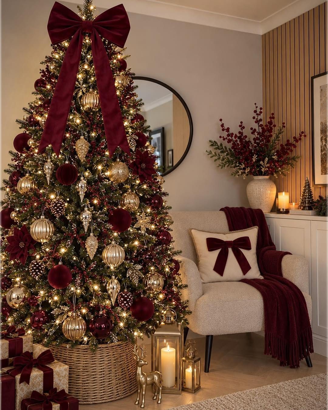 Christmas tree decorated with red and gold ornaments and a large red bow.