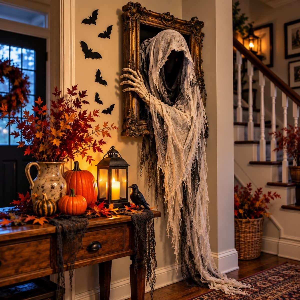 Ghostly figure emerging from a gold picture frame in a decorated home hallway