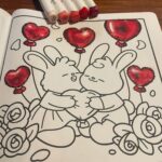Two cartoon bunnies hugging a heart with red heart-shaped balloons and markers.