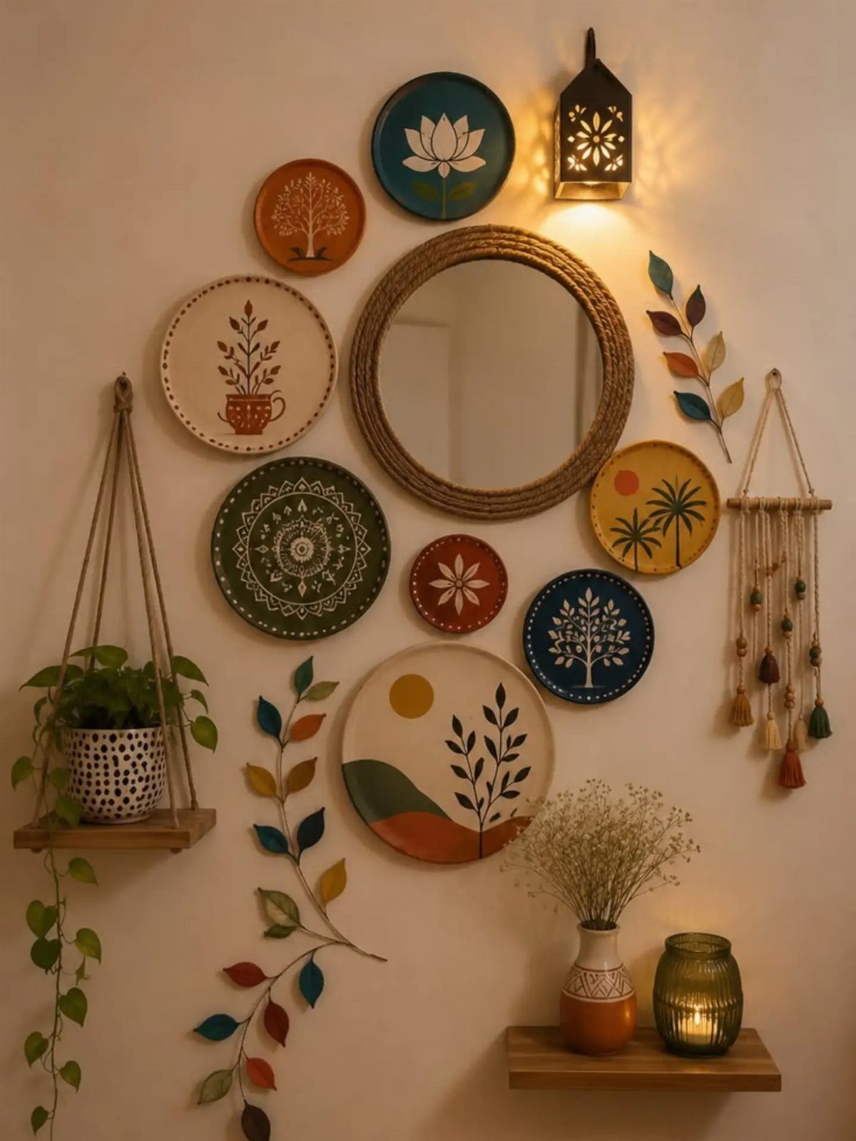 Round woven mirror surrounded by colorful painted plates and plants on a white wall